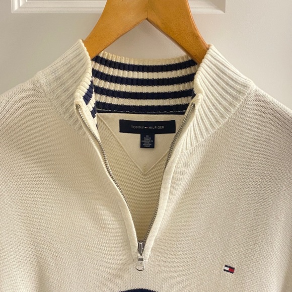 Tommy Hilfiger Men's Long Sleeve Cotton Quarter Zip Pullover Sweater, Navy, Red - Picture 4 of 5